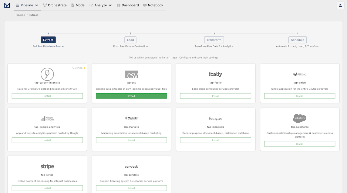 Screenshot of Meltano UI with all extractors not installed and the CSV Extractor highlighted