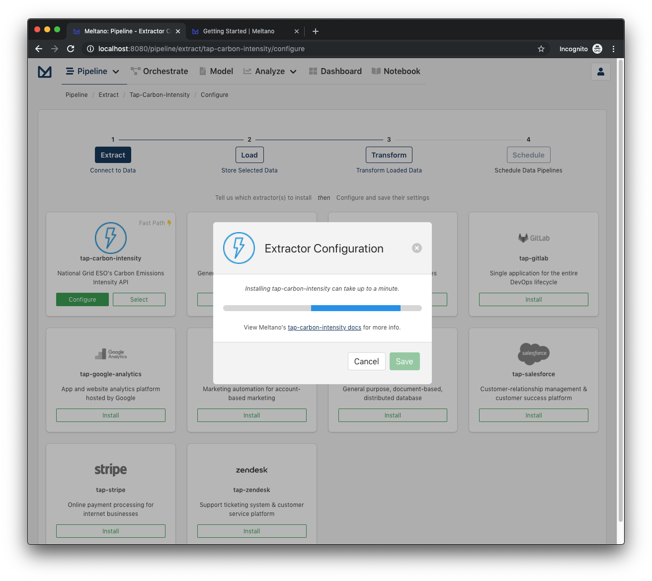 Modal Information about tap-carbon-intensity being installed, doesn't require configuration and will progress to the next step when the installation is done