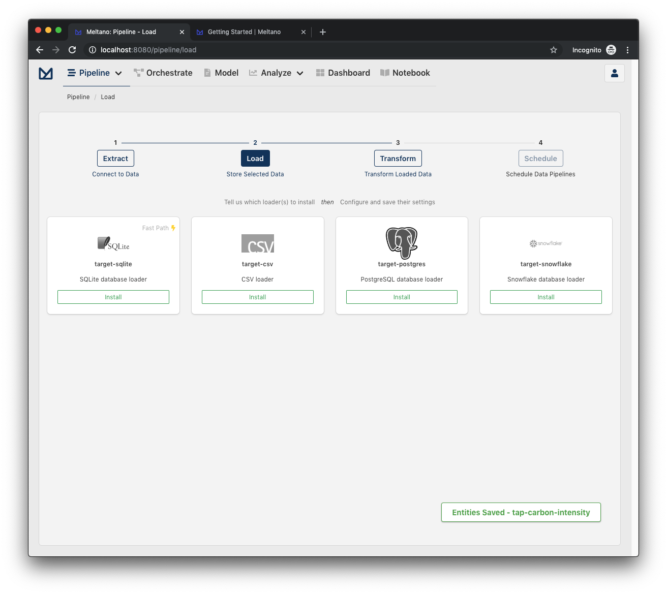 Loader page for Meltano project