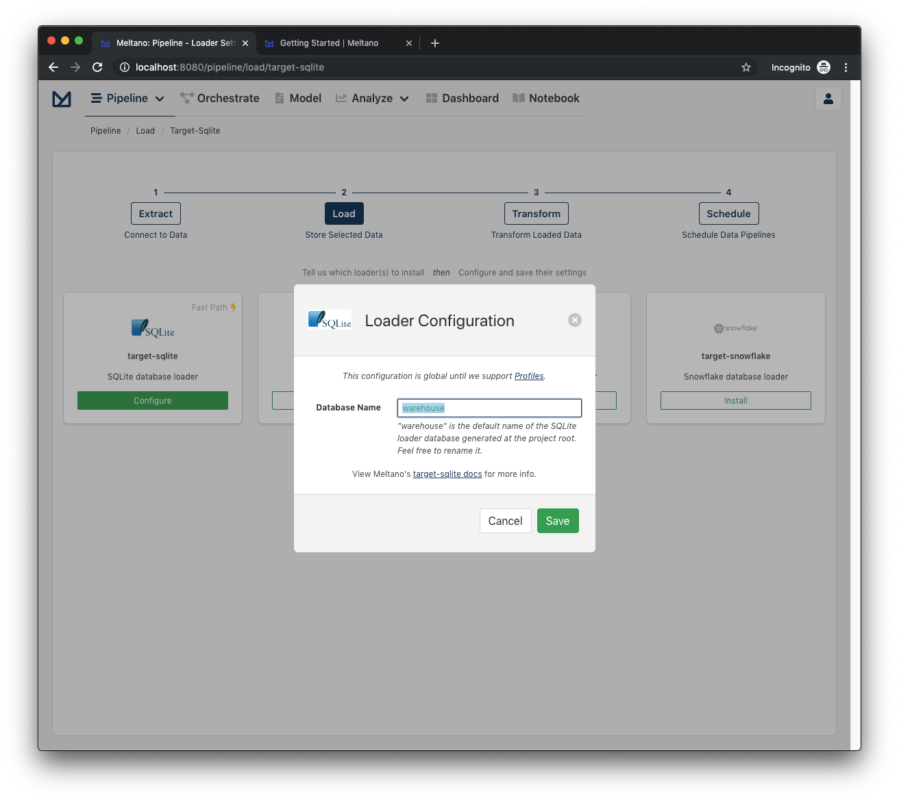 Modal dialogue for successful SQLite installation