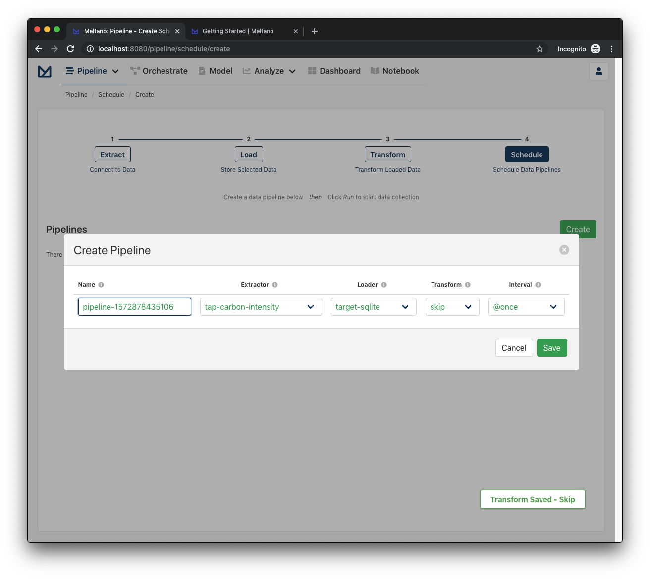 Create pipeline modal