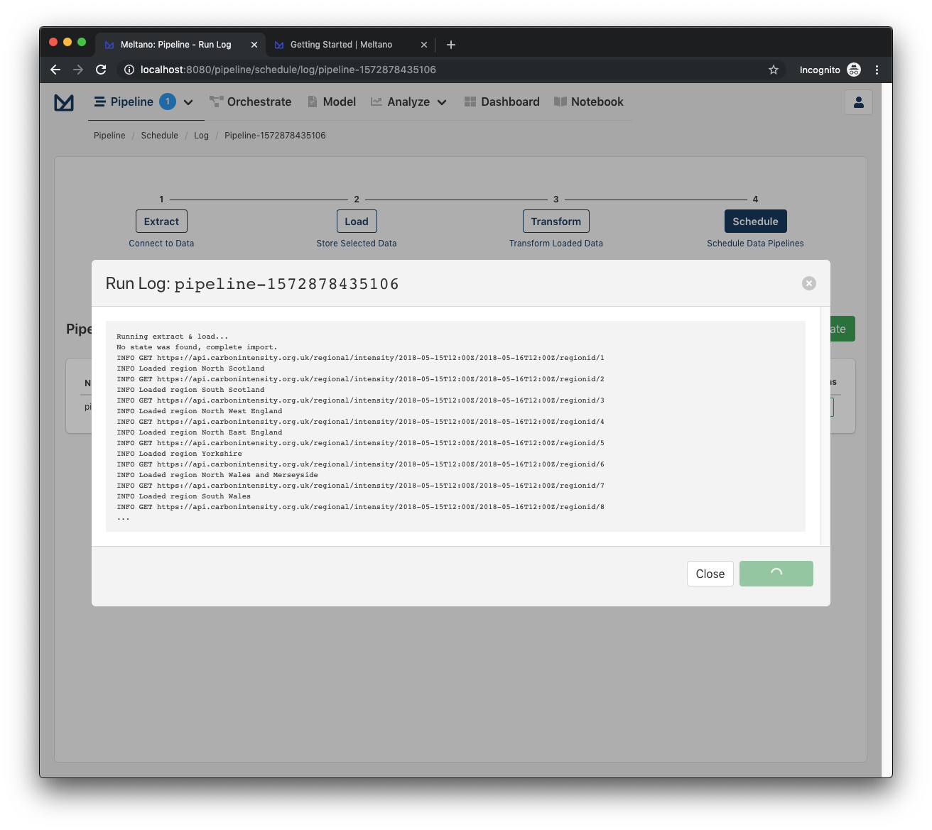 Screenshot of run log of a pipeline being run