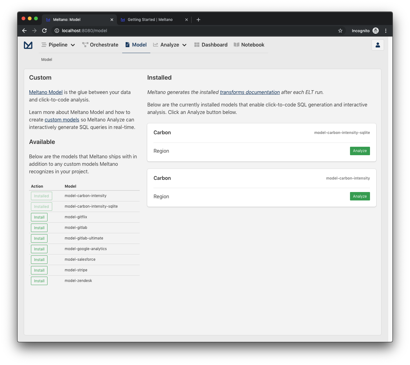 Screenshot of Analyze: Model page