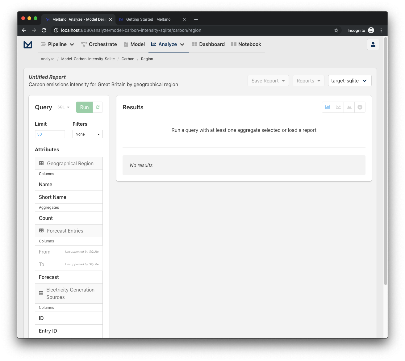 Screenshot of Analyze page for Carbon Region