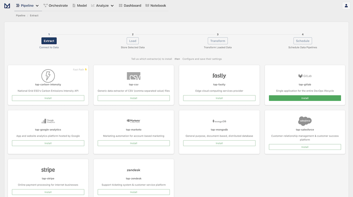 Screenshot of Meltano UI with all extractors not installed and GitLab Extractor highlighted