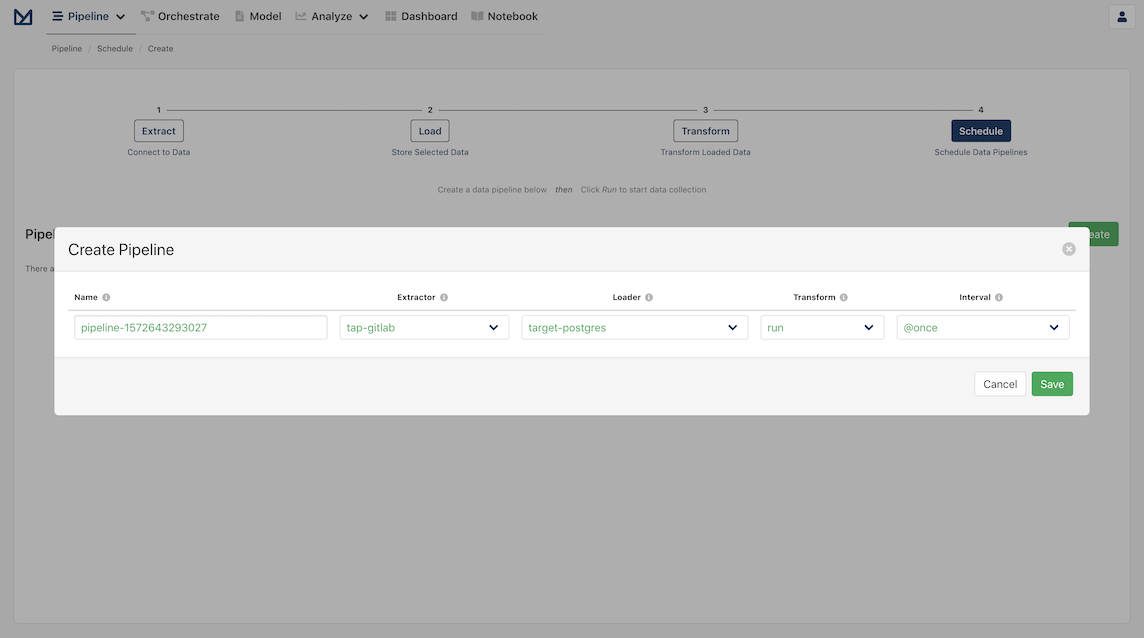 Create pipeline modal for GitLab Extractor