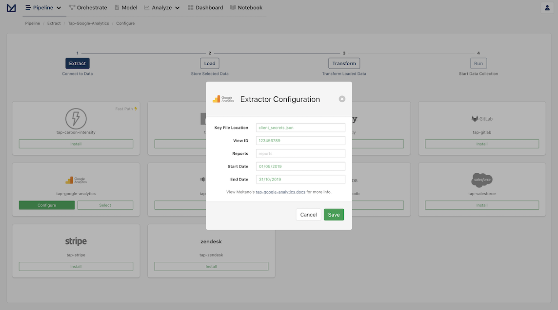 Screenshot of Google Analytics Extractor Configuration