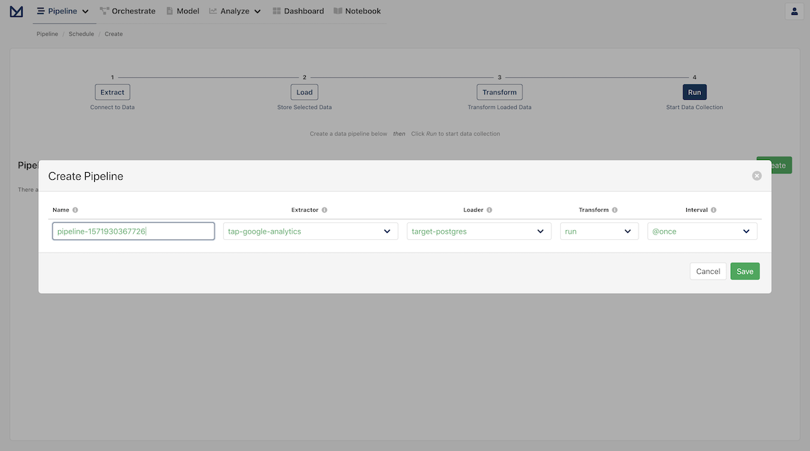 Create pipeline modal for Google Analytics