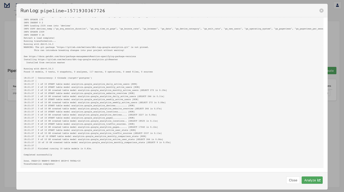 Screenshot of run log of a completed pipeline for Google Analytics