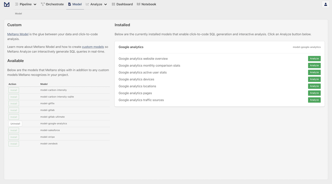 Screenshot of Analyze: Model page for Google Analytics