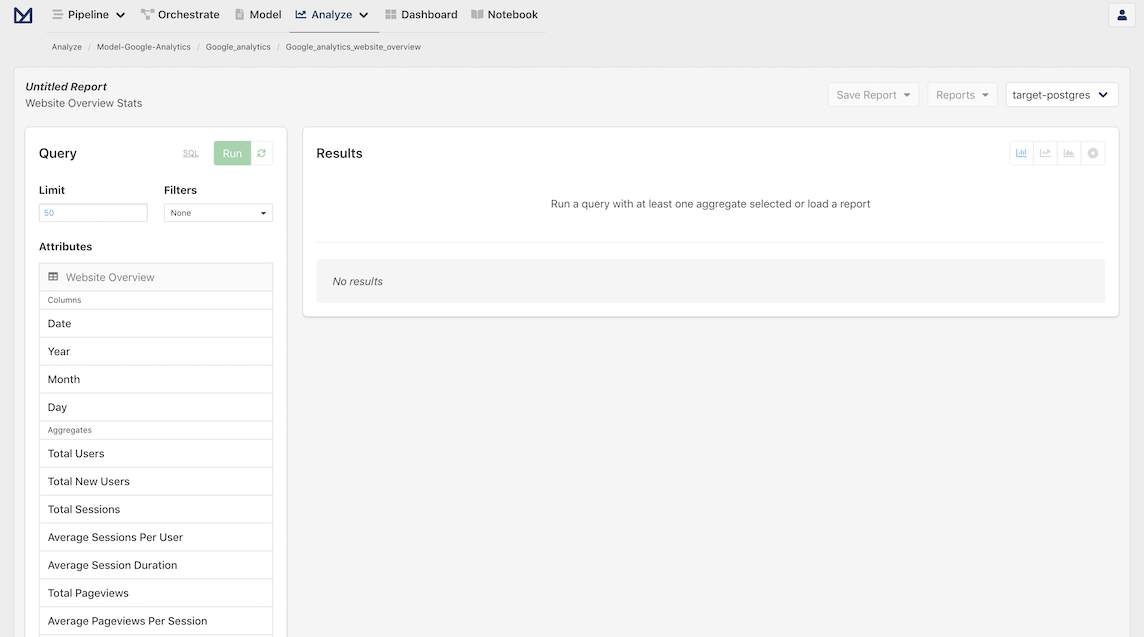 Screenshot of Analyze page for Google Analytics