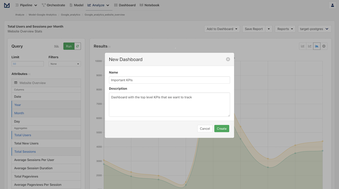 New dashboard dialog for configuring the dashboard