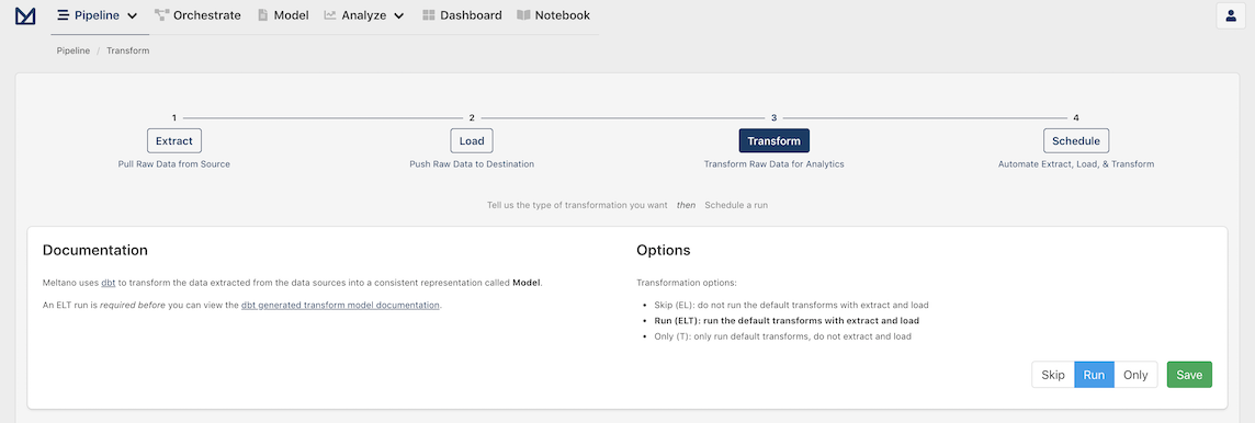 Screenshot of Transform page on Meltano webapp