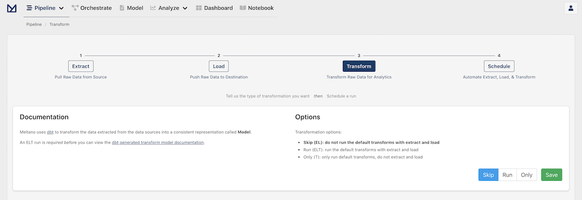 Screenshot of Transform page on Meltano webapp
