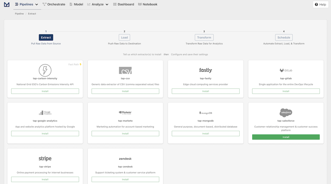 Screenshot of Meltano UI with all extractors not installed and Salesforce Extractor highlighted