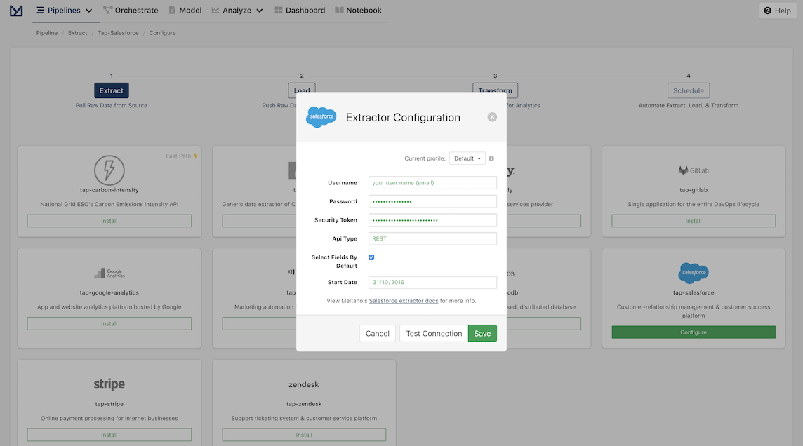 Screenshot of Salesforce Extractor Configuration