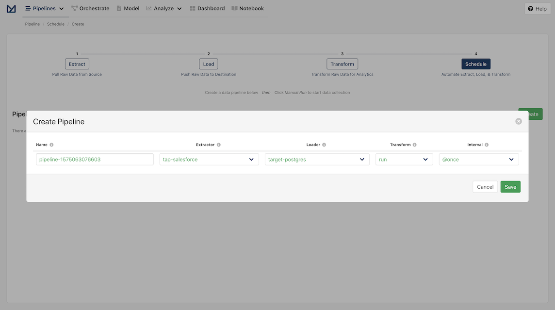 Create pipeline modal for Salesforce Extractor