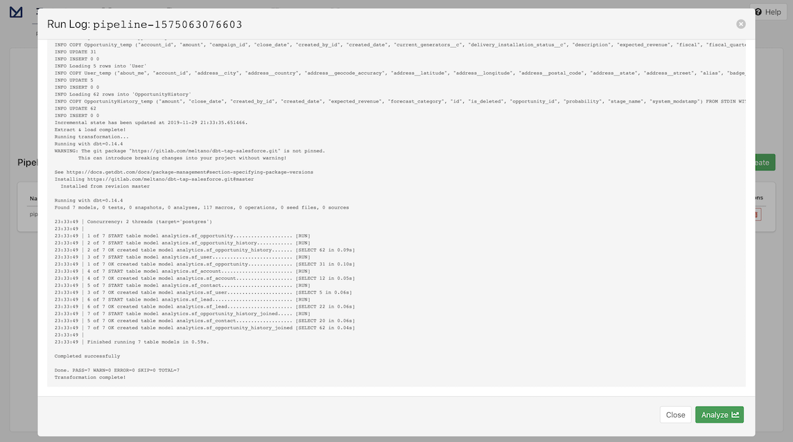 Screenshot of run log of a completed pipeline for Salesforce Extractor