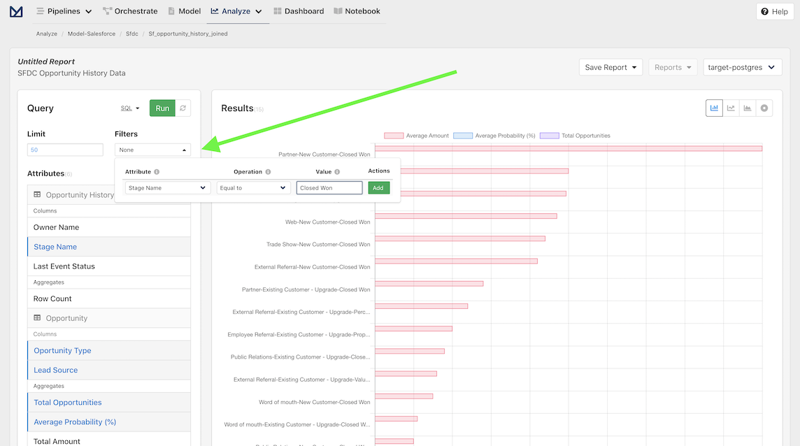 Screenshot of data and ordering for Salesforce Opportunities data