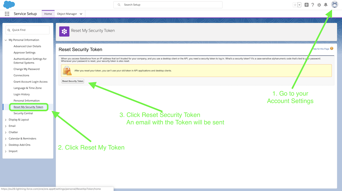 Screenshot of Salesforce Security Token Reset