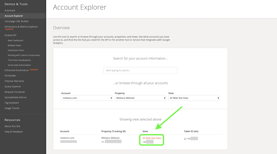 Screenshot of Google Analytics Account Explorer