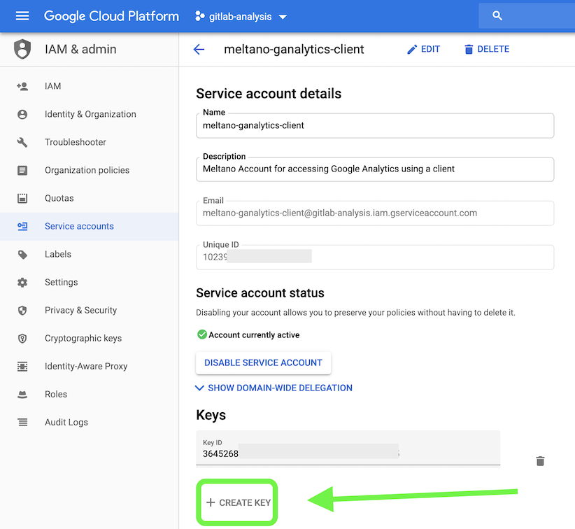 Screenshot of Google Service Account Configuration